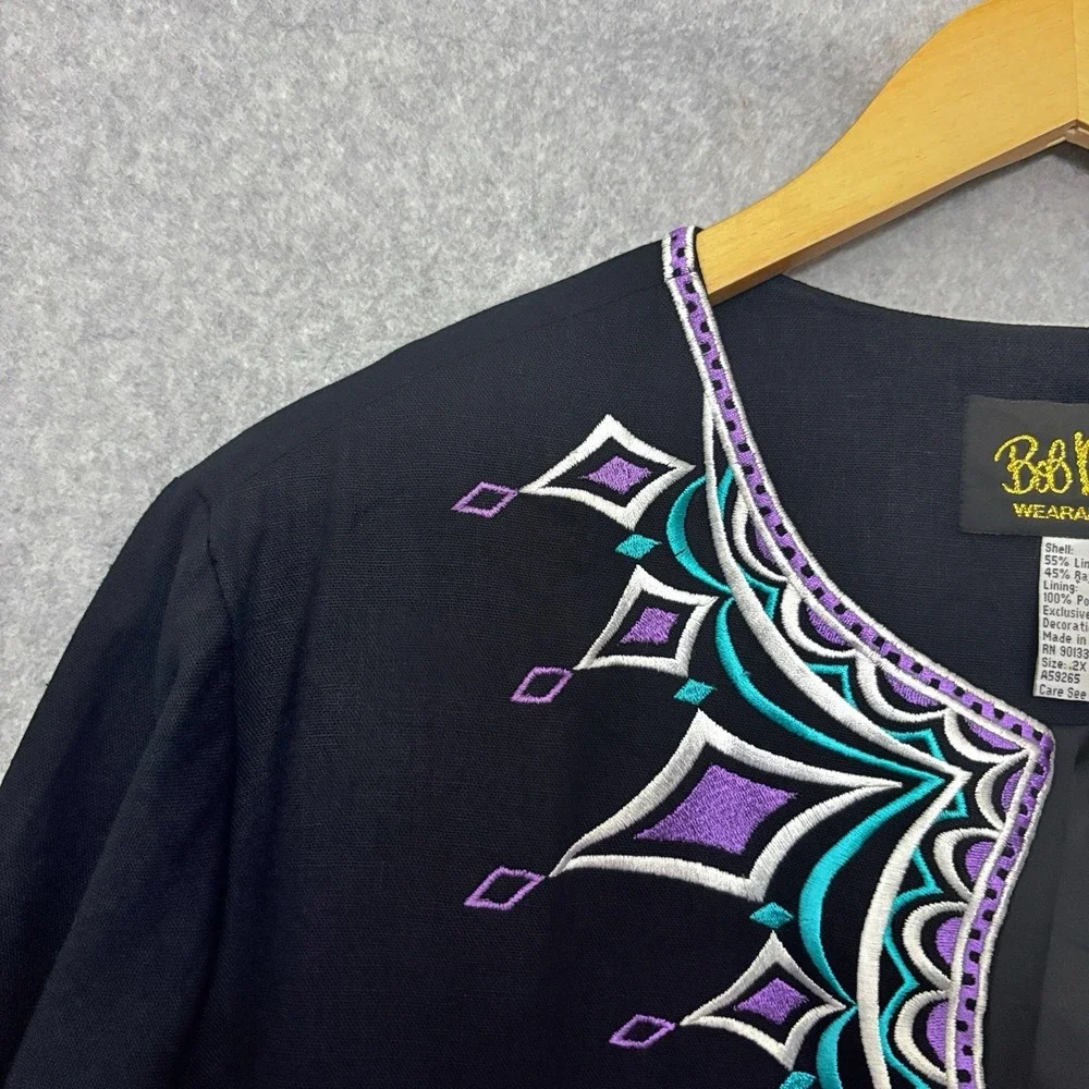 Bob Mackie Wearable Art Jacket Women's Sz 2X Black Embroidered Linen‎ Eclectic